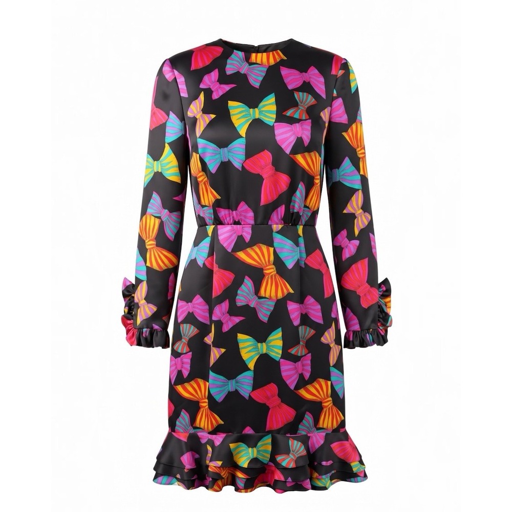 RARE Carolina Herrera Vintage Dress Black Multicolor Bow Print Ruffle Hem Size 6